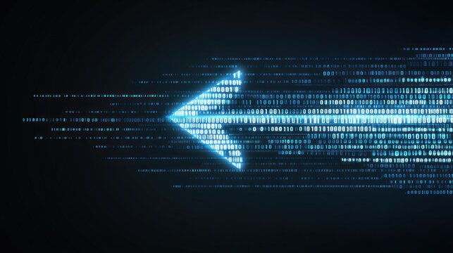 A striking digital arrow made of glowing binary code points to the left, representing the themes of data transfer, technology, and digital communication in a contemporary style