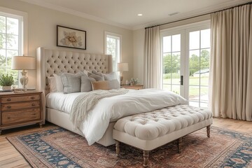 chic bedroom featuring a blend of modern and vintage design elements with soft lighting highlighting elegant furnishings and cozy linens creating an inviting atmosphere for relaxation