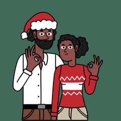 black Couple in Christmas sweaters giving thumbs up gesture, couple with christmas hat happy holidays concept, couple with christmas hat