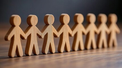 Several wooden figures are lined up with their arms linked, representing unity and collaboration. The figures are set against a soft wooden surface, illustrating teamwork and togetherness