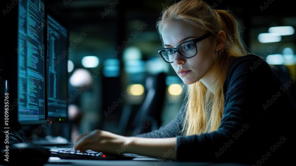 Poster a woman with glasses concentrates intently on coding during late hours in a dim office. dual monitor