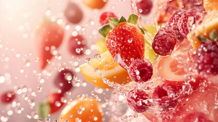 Berries with Fruits in Water Splash on Light Pink Background