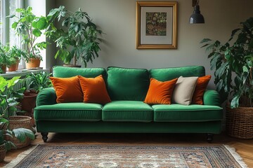 chic bohemian lounge featuring a lush emerald green sofa layered woven rugs and vibrant plants in rustic wicker baskets illuminated by warm golden light