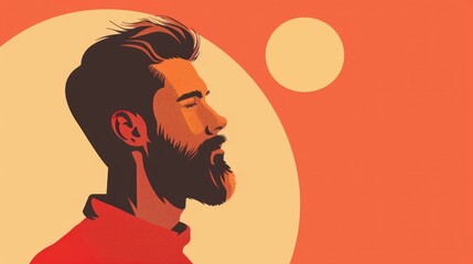 watercolor illustration, vintage postcard, International Men's Day, IMD, silhouette of an adult bearded man, bright orange background, copy space, free space for text