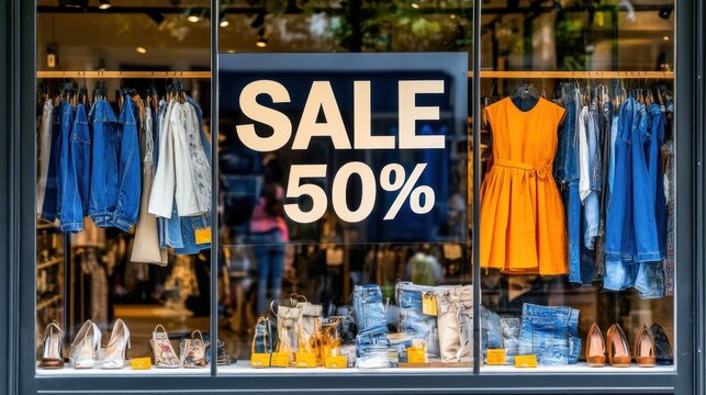 A vibrant orange dress stands out among denim jackets and shorts in a storefront display, where a large sale sign highlights a 50 percent discount on selected items