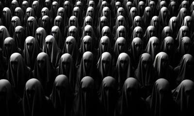 Obraz premium people in black and white robes without faces, symbolism of slave thinking, monotony, no opinion, like everyone else. The matrix system. For psychology.
