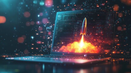 Rocket igniting from laptop with fiery launch effect