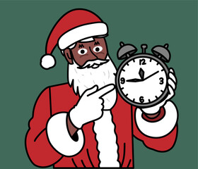 Happy black Santa Claus pointing his finger at an alarm clock