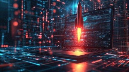 Digital age rocket launch from laptop platform