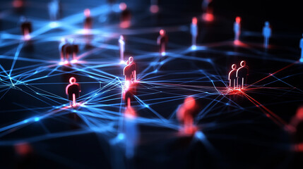 Abstract digital network with glowing connections and people icons on a dark background,