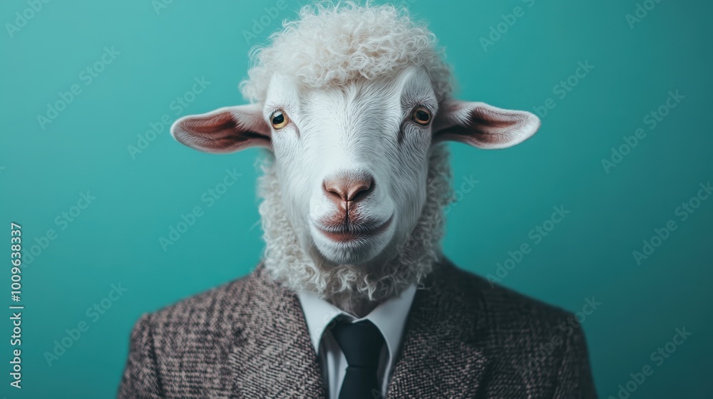 Wall mural an elegantly styled goat with curly fur dressed in a tweed suit and tie, creating a playful and soph