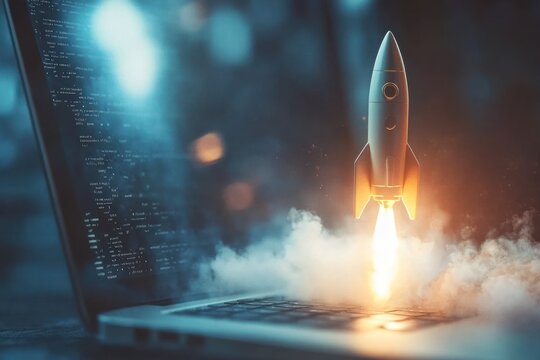 Laptop launching rocket amidst digital code display. - Powered by Adobe