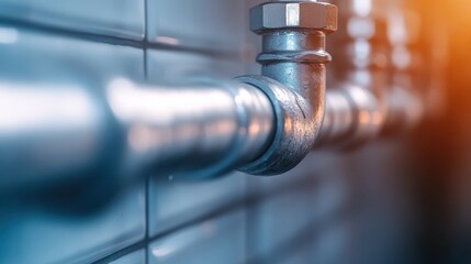 Metallic pipes with a smooth curve highlighted by a gradient light, representing precision engineering and conveying themes of modern urban infrastructure and flow.