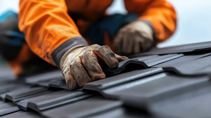 A close-up of a worker's hands meticulously laying shingles on a rooftop, showcasing teamwork, precision, craftsmanship, and hands-on construction work.