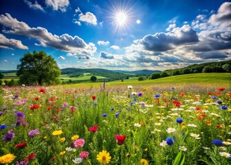 Obraz premium Beautiful Ground Covered with Green Grass and Colorful Wildflowers in a Bright Sunny Daylight