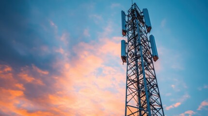 A telecom tower is silhouetted against a vibrant evening sky, highlighting its role in modern connectivity and the vast expanse of human communication networks.