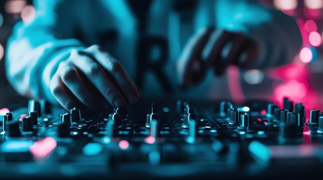 Detail shot of hands skillfully operating a mixer in a dimly-lit environment. The scene captures the essence of musical dedication amidst cool blue hues.