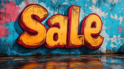 Bright and colorful sale sign painted on a wall showcasing a promotional message in urban setting