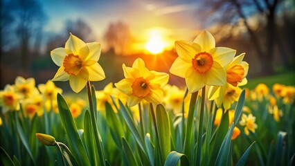 Fototapeta premium Beautiful Narcissus Flowers Blooming in Bright Spring Sunshine Against a Soft Green Background