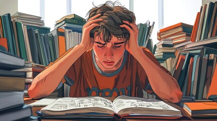 Frustrated Student Struggling with Studies in Library