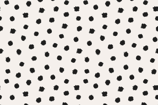 Irregular polka dot seamless repeat pattern. Black and white circle print of different sizes. Minimalist abstract brush spots texture. Vector art