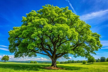 Fototapeta premium Beautiful walnut tree with lush green leaves and a clear blue sky in a serene natural setting