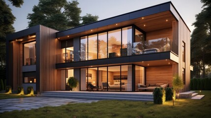 Fototapeta premium 3d rendering of modern two story house with gray and wood accents, large windows, parking space in the right side of the building. Clear summer evening with cozy light from window