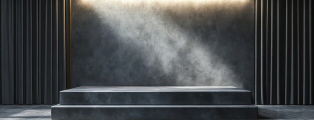 Modern exhibition stage with spotlight and textured wall, ideal for presentations, performances, or product showcases, Mock up template for product presentation.
