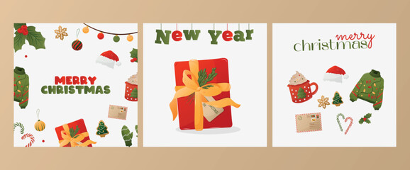 Card set for Merry Christmas and New Year.  Cozy winter, home comfort, holidays concept. Sweater, ginger pranic, mittens, candy, etc. Isolated illustration for card, postcard, cover. EPS 10