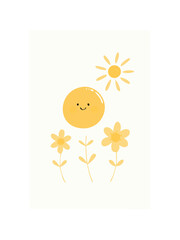  Cute Nursery Art with a Hand Drawn Sun Shinning on Flowers. Lovely Print for Children. Happy Sun and Smiling Flowers on a White Background. Infantile Style Drawing for Kids' Room Decoration