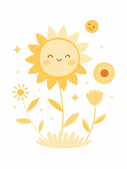  Cute Nursery Art with a Hand Drawn Sun Shinning on Flowers. Lovely Print for Children. Happy Sun and Smiling Flowers on a White Background. Infantile Style Drawing for Kids' Room Decoration