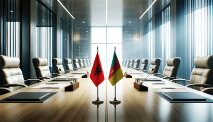 A modern conference room with Albania and Cameroon flags on a long table, symbolizing a bilateral meeting or diplomatic discussions between the two nations.