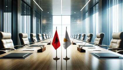 A modern conference room with Albania and Cyprus flags on a long table, symbolizing a bilateral meeting or diplomatic discussions between the two nations.