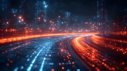 Fototapeta premium Nighttime city street scene with vibrant lights shining through the rain-soaked atmosphere.