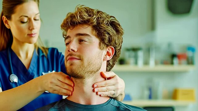 A young Caucasian male receives a soothing neck massage from a female therapist in a clinic. The bright, relaxed setting enhances the therapeutic ambiance, focusing on wellness and relaxation.