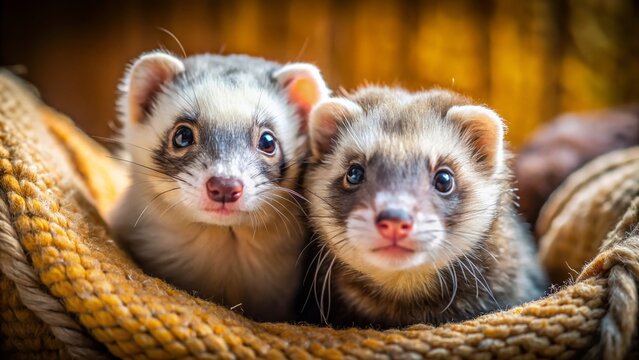 Beautifully vibrant ferrets playing together in a cozy home environment, showcasing their playful nature