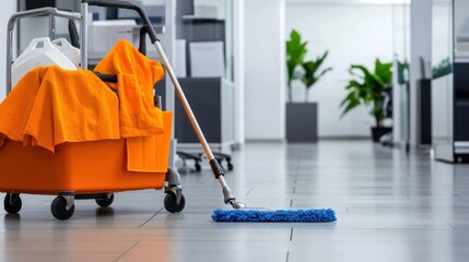 Orange cleaning trolley with blue mop in hallway.