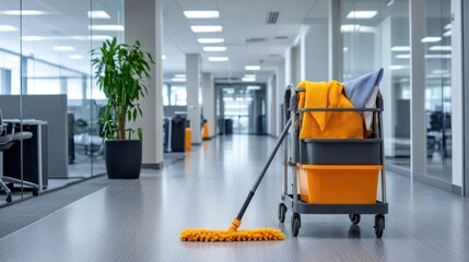 Gray cleaning trolley with mop on office floor surface.