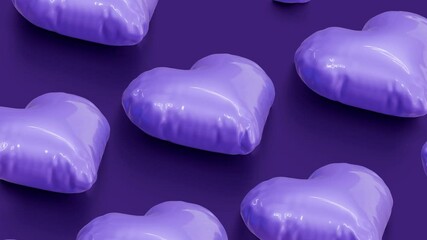 Violet and silver heart balloons inflating on purple background, loop animation