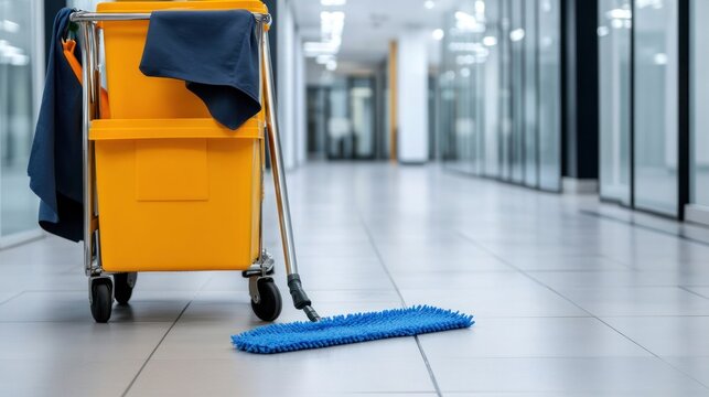 Bright yellow cleaning cart with a blue mop head
