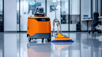 Innovative orange cleaning robot in modern workspace