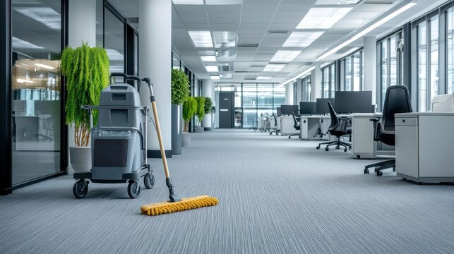 Empty office corridor with mop and cleaning trolley.