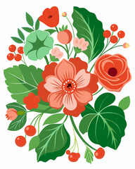 Decorative Nasturtium flower symbol, Red currant berries, peony, rose, nasturtium flowers, pansies, green leaves. floral illustration. Seamless pattern. Summer bouquets. Botanical design