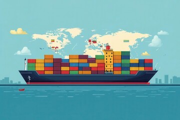Obraz premium Colorful cargo ship sailing on calm waters with a world map backdrop, showcasing global trade and transportation logistics.