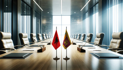 A modern conference room with Albania and Sri Lanka flags on a long table, symbolizing a bilateral meeting or diplomatic discussions between the two nations.