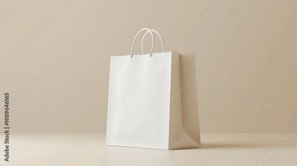 Wall mural Pristine white paper bag mockup positioned on light beige background. Simple paperbag template advertising image. Eco-friendly elegant packaging mock up product photorealistic