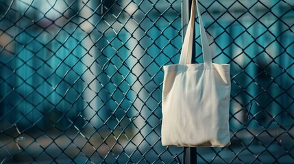 Beige tote bag mockup hanging on urban chainlink fence. Cityscape backdrop mesh fabric totebag template advertising image. Outdoor shopper handbag mock up product photorealistic