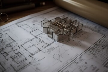 A small architectural model sits atop intricate house plans, showcasing the design layout. The plans detail rooms and dimensions, emphasizing the model's features. Generative AI