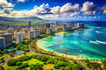 Breathtaking Aerial View of Waikiki Beach and Surrounding Landscape on a Sunny Day in Hawaii