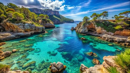 Breathtaking coastal scenery of Majorka featuring crystal-clear waters and stunning rocky cliffs